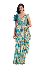Beige & Blue Satin Silk Embroidered Ready to Wear Saree